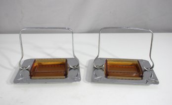 Pair Of Vintage Farber Bros Chrome & Amber Glass Dishes  4.5'H X 5.5'W  Art Deco Serving Trays