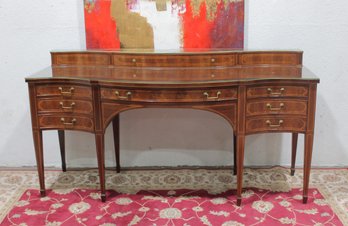 Mahogany Inlaid Sideboard / Server W/ Glass Top  78' Wide, Bow Front, Multiple Drawers