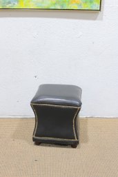 Black Leather Ottoman Stool With Brass Nailhead Trim  18.5'H X 16.5'W