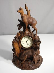 Hand-Carved Black Forest Deer Clock - Detailed Wood Carving With Roman Numeral Dial