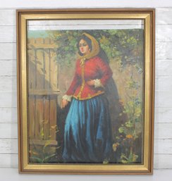 Vintage Portrait Painting Of Woman In Red Jacket & Blue Skirt  Framed Figural Artwork  Unsigned  34 X 28.5