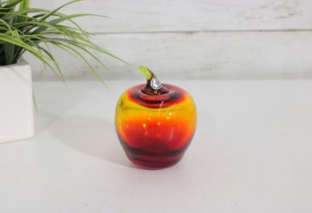 Vintage Art Glass Apple Paperweight  Rainbow Red Yellow Swirl  4' Decorative Glass