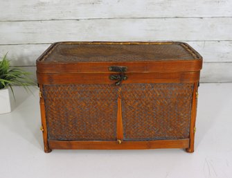 Vintage Woven Bamboo Storage Trunk With Brass Latch  9'H X 15'W X 9'D