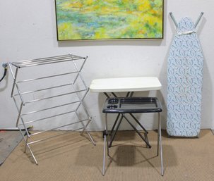 Household Folding Essentials Lot  TV Tray, Folding Table, Ironing Board & Drying Rack