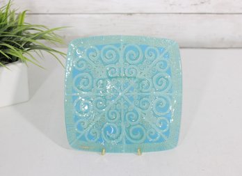 Signed Higgins Fused Art Glass Ashtray  Turquoise Scroll Design  7' Square Mid Century