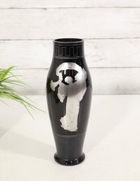 Vintage Black Vase With Silver Inlay Figural Design – 9' Tall