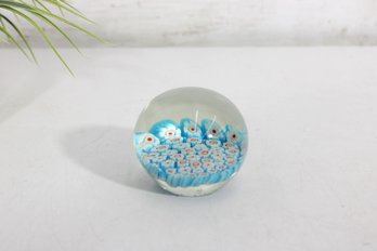 Vintage Millefiori Glass Paperweight  Blue Floral Canes  2.5'  Unmarked Art Glass