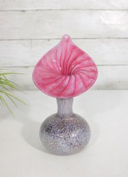 Vintage Hand Blown Art Glass Vase  Pink Ruffled Trumpet Top W/ Speckled Bulb Base  8' Tall