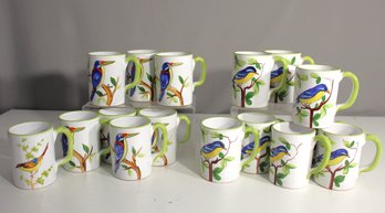 Set Of 15 Hand-Painted Italian Bird Motif Mugs  4.5' Tall