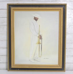 Signed June Marie Lithograph On Canvas  Elegant Jazz Musician W/ Trombone  Framed Art  30 X 26