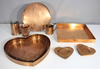 Vintage Copper Kitchenware Collection  9-Piece Set With Heart Trays, Mugs, And Serving Pieces