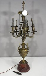 Antique 35'h French Bronze Candelabra Table Lamp  Ornate Urn Base & Marble Pedestal