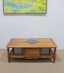 MORM Mid Century Modern Coffee Table W/ Slate Inlay Top, Drawer & Shelves