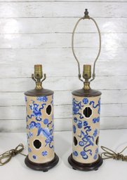 Pair Chinese Style Blue & White Porcelain Table Lamps W/ Brass Hardware  17'
