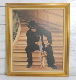 Signed June Marie Jazz Saxophonist Lithograph On Canvas  Framed Musician Artwork  29 X 24.5