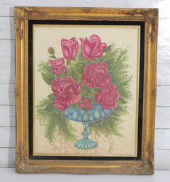 Vintage Floral Still Life Artwork  Pink Roses In Blue Compote Vase  Ornate Gold Frame  25 X 21