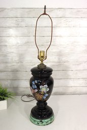 Vintage Black Glass Table Lamp With Hand-Painted Floral Design  31'H