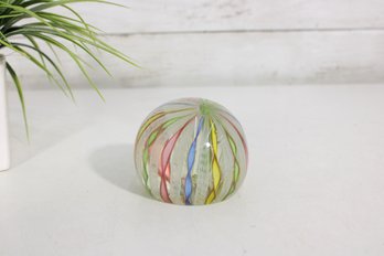 Vintage Murano Zanfirico Latticino Art Glass Paperweight  Multicolor Ribbon  Italy  2.5'