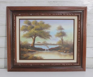 Signed Landscape Painting  Deer By Stream Woodland Scene  Framed Art  19.5 X 23W