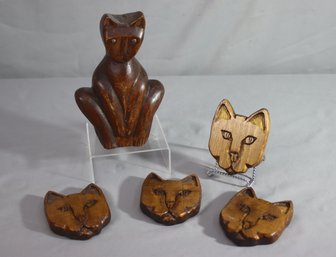 Group Lot Of 4 Vintage 1991 S.G. Watts Carved Cat Heads And A Mid-Century Folk Art Wooden Sculpted Cat Figure