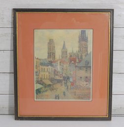 Vintage French Paris Street Scene Print  Cathedral Cityscape  Matted & Framed Artwork  16.5 X 14.5