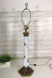 Vintage Hand Painted Porcelain Column Table Lamp W/ Ornate Brass Base & Blue/White Finial