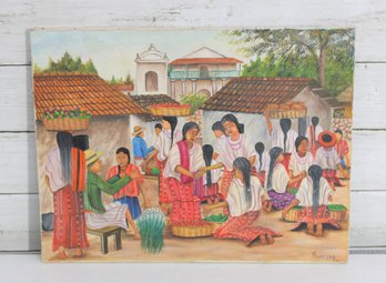 Signed Village Market Scene Painting  Latin American Folk Art Style  Colorful Figural Artwork  12 X 16