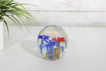 Vintage Murano Italy Art Glass Paperweight  Encased Floral Bouquet  3.5'