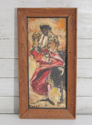 Vintage Signed Expressionist Figural Painting  Musician In Red  Narrow Framed Artwork  19 X 9.5
