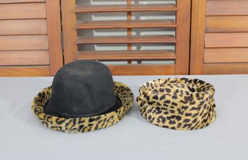 #313-Vintage Leopard Print Hat Lot  Black Felt Fedora & Matching Faux Fur Cap  2 Pieces