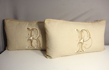Pair Of Elegant Monogrammed Linen Pillows With Classic Embroidery Detailing- 14' X 25'