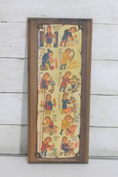 Vintage Medieval Style Folk Art Plaque  Illustrated Calendar Scenes  Framed Wood Panel  14 X 6