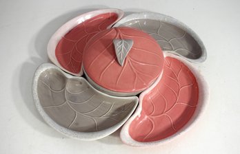 Mid-Century Modern Ceramic Serving Set - Pink & Gray Leaf Design