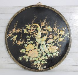 Large Round Asian Style Mother-of-Pearl Wall Panel  Birds & Blossoms Inlay  Black Lacquer  35.5 Diameter