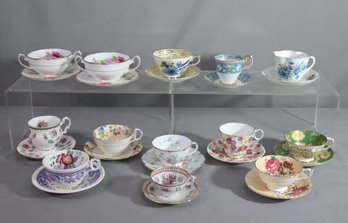 Varied Group Lot Of 13 Vintage Fine Bone China Teacups And Saucers