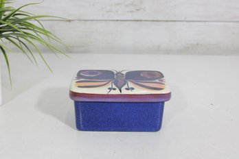 Royal Copenhagen Tenera Lidded Jar  Blue Crackle Glaze Butterfly Design  No. 131/2823  5' Wide