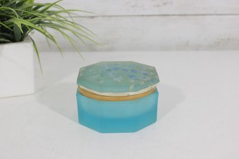 Vintage Blue Frosted Glass Hinged Trinket Box W/ Brass Mounts  4'
