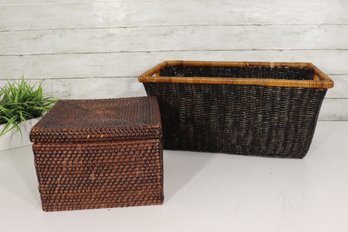 Lot Of 2 Vintage Woven Wicker Storage Baskets  Lidded Square Box & Large Rectangle Basket
