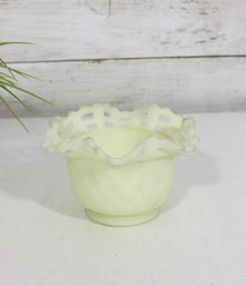 Vintage Fenton Uranium Glass Basket Weave Trinket Bowl W/ Lace Edge  Glows  3' X 5'