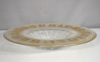 Vintage 16.5 Round Glass Serving Bowl With Gold Greco-Roman Motif  Elegant Centerpiece