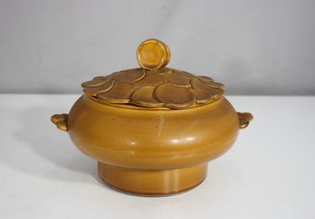 Vintage USA Pottery Lidded Casserole Dish  7'H X 8' Round With Coin Motif Lid