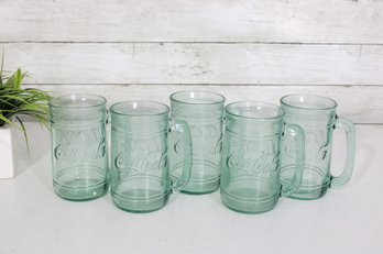 Set Of 5 Vintage Coca-Cola Green Glass Mug Stein Glasses 5.5' Tall