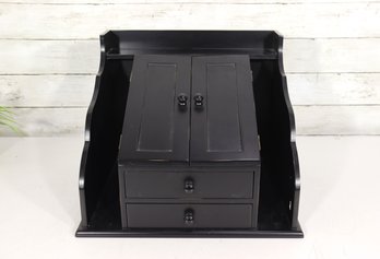 Black Wooden Desktop Organizer Cabinet W/ Double Doors & Drawers  12' X 14'W X 13.5'H