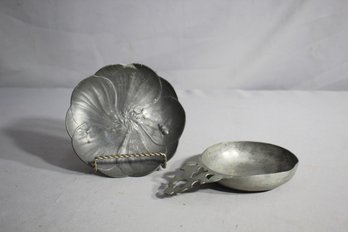 Antique Pewter Elegance: Floral Dish And Porringer Set