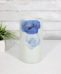 Contemporary Ceramic Vase W/ Blue Floral Design  9.5' H (Rim Chip)