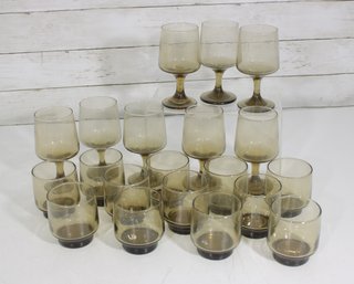 Vintage Libbey Tawny Accent Glassware Set  12 Old Fashioned & 8 Water Goblets  Smokey Brown