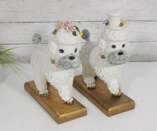 Vintage Pair Of White Poodle Figurines On Gold Bases  Floral Detail  10.5' & 11' (Damage Noted)