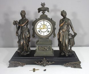 Antique 20 X 22 French Figural Mantel Clock  Bronze & Marble  Untested
