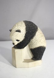 8.5' Panda Bear Sculpture Figurine  Textured Finish On Stone Base-Resin Or Composite With Stone-look Base
