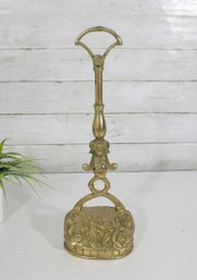 Vintage Brass Doorstop W/ Long Handle  Embossed Floral & Figural Design